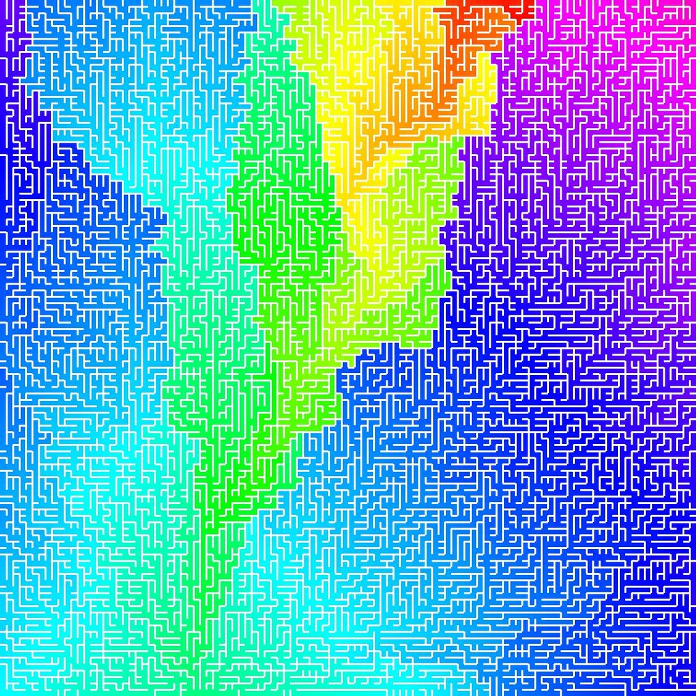A maze colored depending on the distance from a point in the upper middle