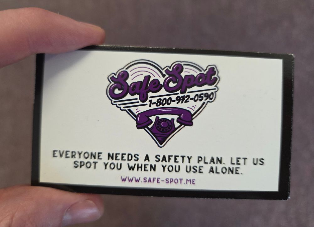 Safe Spot business card. "Everyone needs a safety plan. Let us spot you when you use alone."