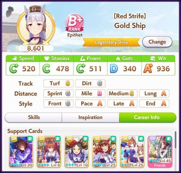 umamusume stats screen of a gold ship that finished their career with an ura finals win, over 320,000 fans, with an A+ in wit, a D in guts, a C in stamina and C+ in the remaining two stats, run with 6 wit cards.