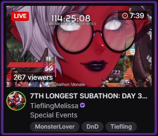 screenshot of a twitch stream thumbnail, most prominent is the extreme close-up of tieflingmelissa's vtuber model.