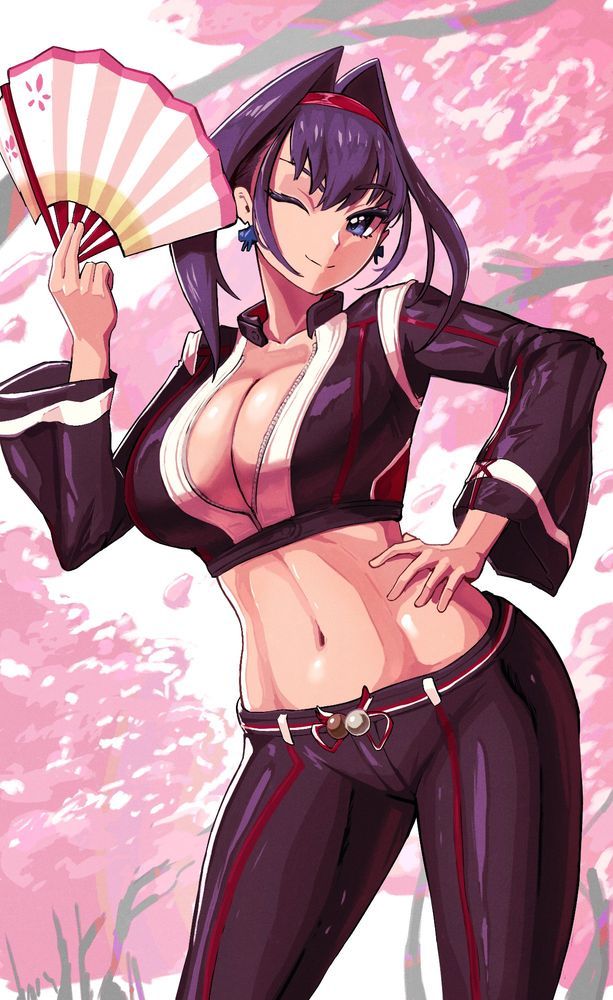 Ouro Kronii from Hololive EN is posing with a japanese folding fan as she cosplays Mai Shiranui from King of Fighters, in her biker alt outfit