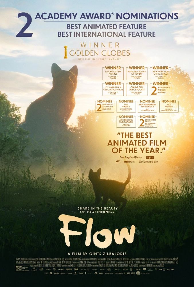 The poster for FLOW (2024), depicting a little black cat stood in a forest clearing, staring up at the silhouette of a distant giant feline statue 