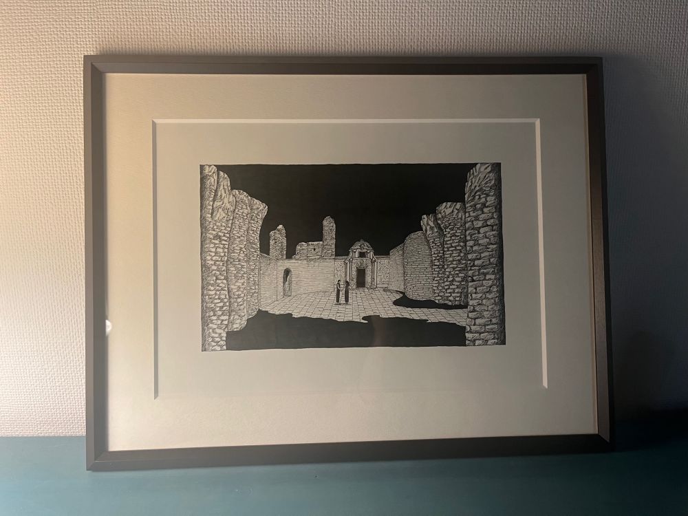 額装されたペン画のイラスト