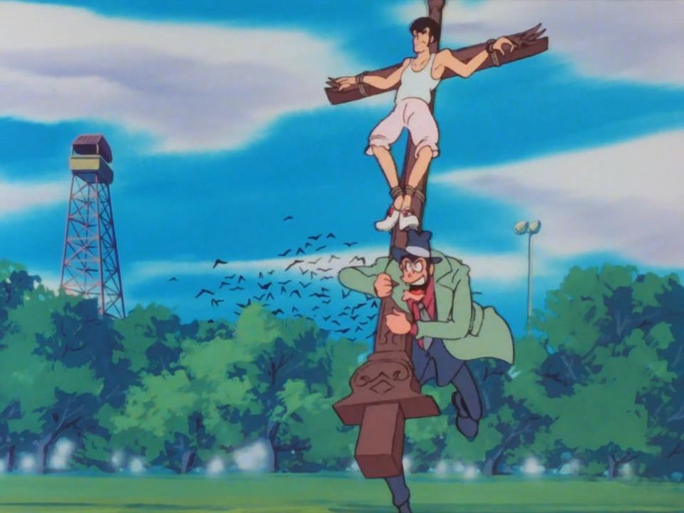 Zenigata holding a crucified Lupin while running