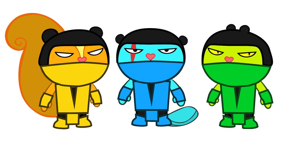 Scorpion, Sub-Zero, and Reptile from Mortal Kombat depicted as Happy Tree Friends characters. Scorpion is a Squirrel, Sub-Zero is an Otter, and Reptile is a Mole.