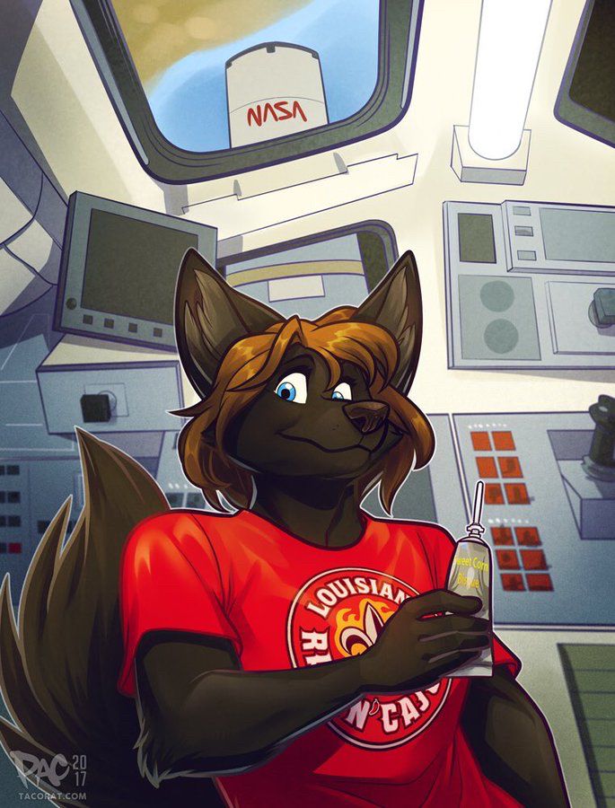Sandra Harris, the anthropomorphic melanistic jackal astronaut, poses for an image on the flight deck of Space Shuttle Horizon with a Natick tube in one hand and the Hubble Space Telescope behind her. Art by @tacorat.com