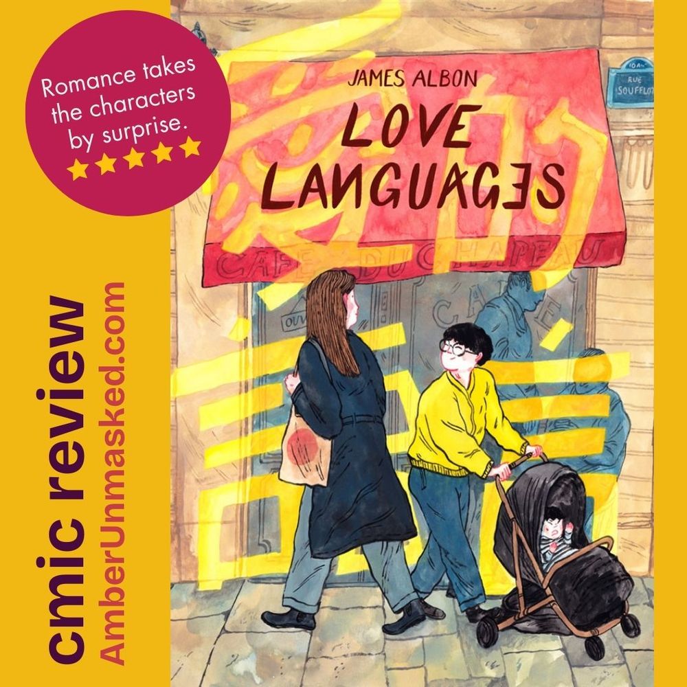 comic cover of two women passing each other on the side walk; text: comic review, AmberUnmasked, "Romance takes the characters by surprise." 5 stars