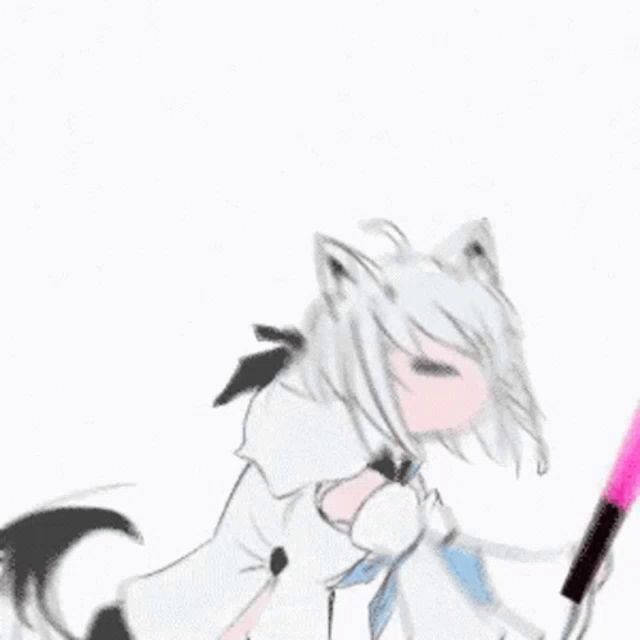 a drawing of a girl with white hair holding two lightsabers .