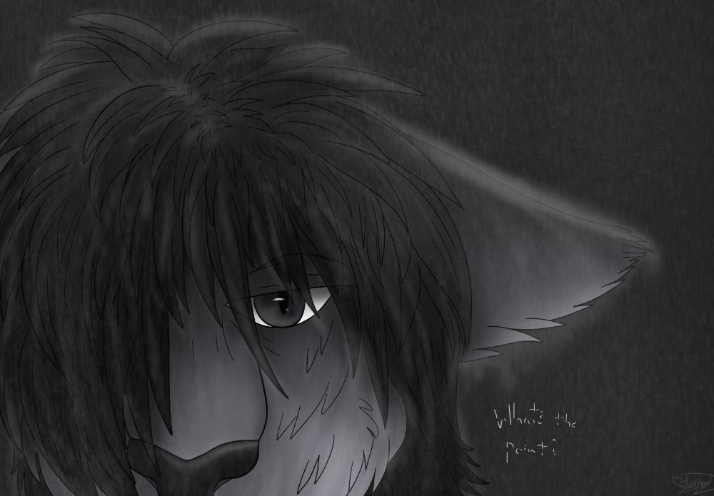 A dark colored piece of artwork depicting a cropped head shot of my fursona Silver. His fur is drenched in water from a heavy rainfall as he looks depressed and tired. The right side of his bangs cover his right eye, and his ears are lowered.

Next to Silver is text that has been broken apart to the point of almost being unreadable, however it says "Whats the point?".