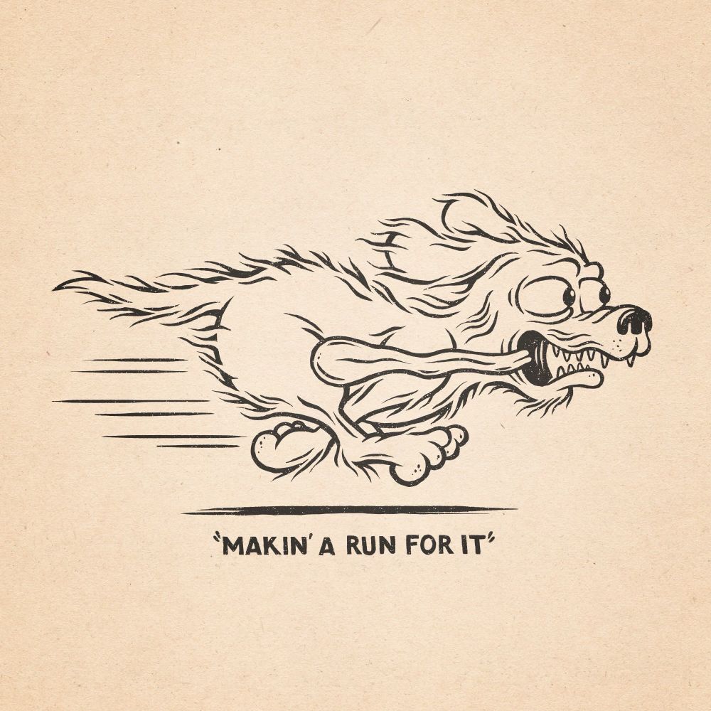 A stylized black and white cartoon illustration of a dog running to the right with the caption ‘MAKIN’ A RUN FOR IT’ underneath it. 