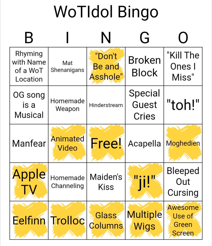 A WoTIdol bingo card, with each square describing a possible scenario playing out. The bottom row is marked off, indicating a Bingo. This row includes Eelfinn, Trolloc, Glass columns, Multiple wigs, and Awesome use of Green Screen. Also marked, but not contributing to a Bingo, are squares for Apple TV, "ji," Animated video, Moghedien, "Don't be an asshole," and the free square in the center.