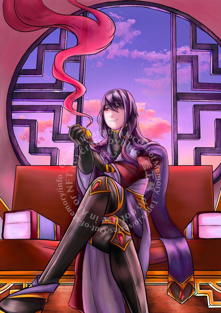 Full color digital art illustration with a detailed background (actually a comic page) from my Out of Memory webcomic. It is a dark fantasy and horror comic (with a tiny slice of sci-fi) about a pacifistic warrior and his journey to find the truth about his family.

The drawing depicts the morally ambiguous character "Yaoshe Baiqiao" (aka. "Yao") sitting leisurely in a traditional Chinese-style room. He is an influential politician and schemer who appears to be allied with the main protagonist.

He is an elegant bishie (pretty boy) who appears to be in his late twenties or early thirties, with long, curly medium purple hair that extends past his shoulders and pink eyes with white pupils. He is wearing an elaborate red and purple outfit that resembles traditional Chinese hanfu and is holding a pipe that is shaped like a serpent's head in his right hand. Yao’s outfit is extremely expensive and is decorated with a good amount of gold and gemstones. His boots and sash are especially elaborate and have large, teardrop-shaped rubies embedded in them.

Yao has an enigmatic smile on his face. A large wisp of pink smoke can be seen emanating from the mouth of the pipe. 

Created using Clip Studio Paint.