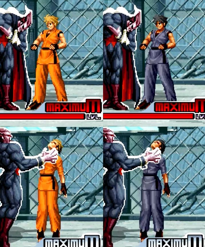Screenshot of SVC Chaos where Dimitri turns Ryo Sakazaki into a woman with his Midnight Bliss attack
