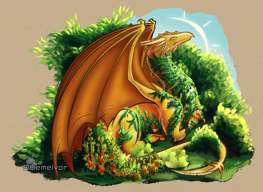 A dragon laying in a garden, watching toward the sun. Surrounded by plants and vegetables.