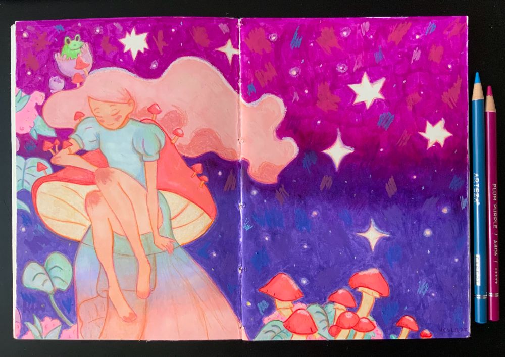 magic girl on top of mushroom illustration 