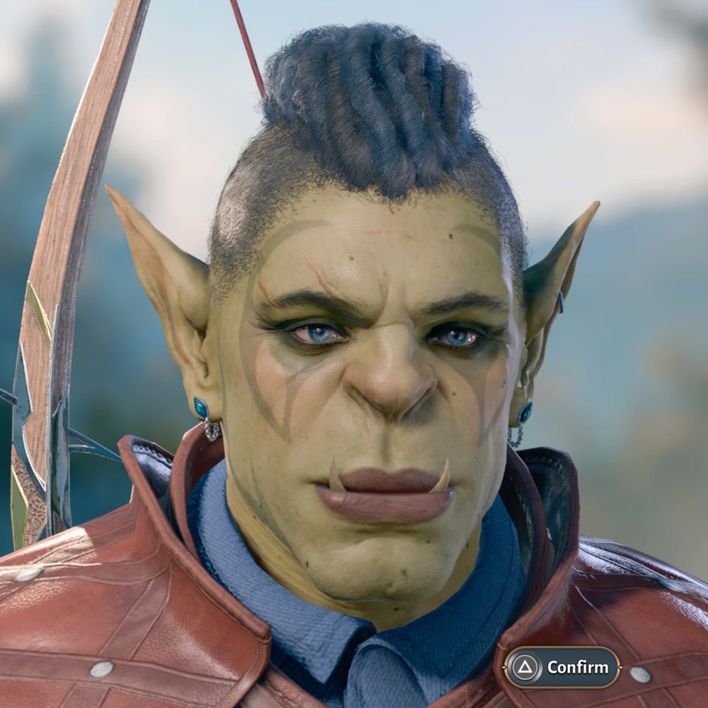 graknor, baldurs gate 3, orc with blue eyes and mowhawk hairstyle 
