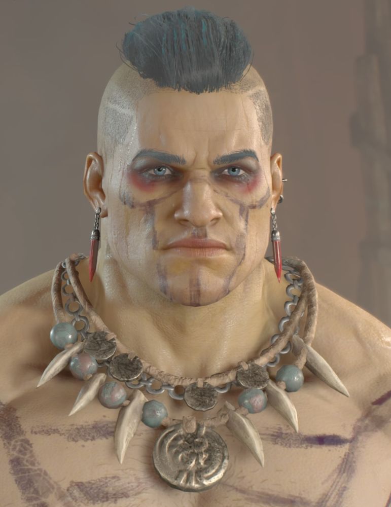 graknor, diablo 4, blue eyes and mowhawk hairstyle 