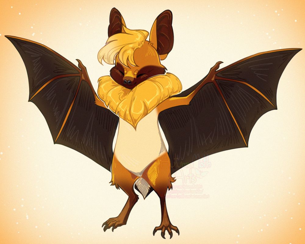 digital drawing of an anthro fruit bat spreading its wings, looking happy with its eyes closed. The piece also has some very sketchy or scribbly looking shading.