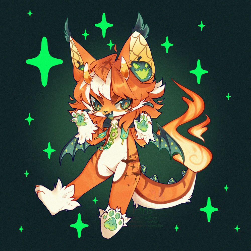 digital drawing on an anthro halloween themed orange cat with teal accent. The cat has a dino style tail with a flame on the tip, teal pumpkins in their ears, teal bat wings, and a teal hood resting on their shoulders(not up)