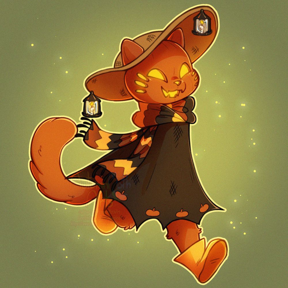 digital art of an anthro pumpkin headed kitty wearing a straw hat with 2 lanterns hanging off it, a long scarf, yellow boots, and cloak, running cheerfully on a blank green background.