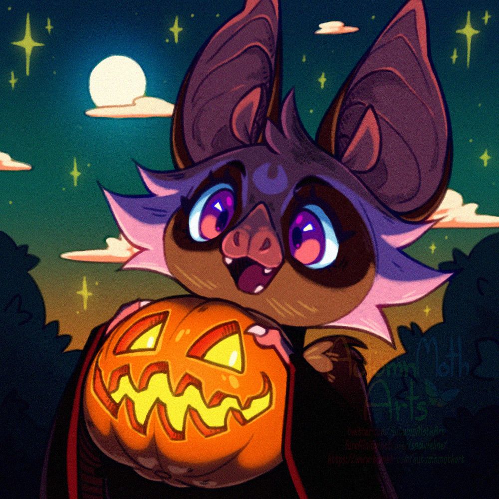 digital drawing of my fursona as a cute bat holding a jack-o-lantern acting as the main light source. Background features stylized stars, a orange sunset, and of coarse the classic full moon.