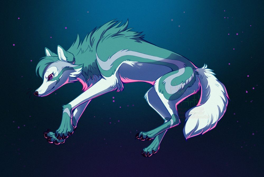 Digital drawing of a blue-ish, teal-ish? colored wolf kinda floating in a dark blue void, a light blue light coming from above illuminating the wolf, acting as the main light source, and a faded purple like light coming from below giving the wolf hot pink rim lighting on the underside.