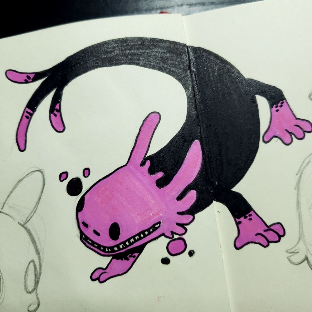 Acrylic marker drawing of a pink lizard from Rain World