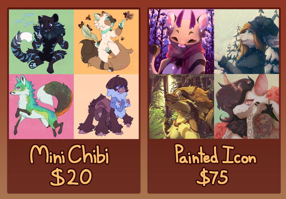 image showing the price and examples for my mini chibi and icon commissions