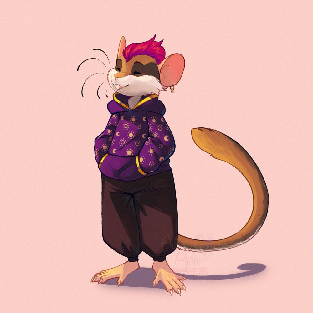 digital drawing of an anthro mouse/rat hybrid character, with a pink mowhawk, purple sweater with gold trimming and sun and moon pattern, and dark greyish red pants. The character has their hands in their pockets, eye closed, looking relaxed.