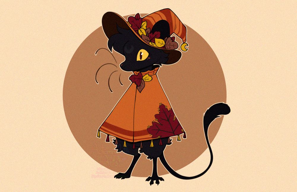 digital drawing of a a really dark almost black mouse like creature dressed in an orange cloak and witch hat adorned in autumn leaves. The mouse creature has large bright yellow eyes.
