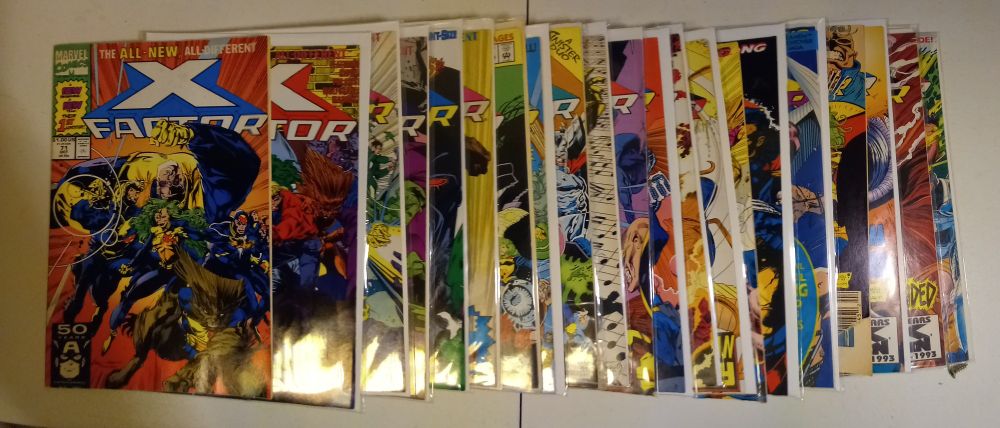 Spread of every single X-Factor volume 1 comic written by Peter David.