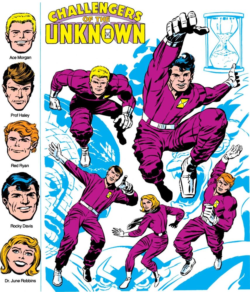 Splash page of the Challengers of the Unknown in action poses. Alongside the left side of the page are head shots with the respective names of the members: Ace Morgan, Prof Haley, Red Ryan, Rocky Davis, and Dr. June Robbins.