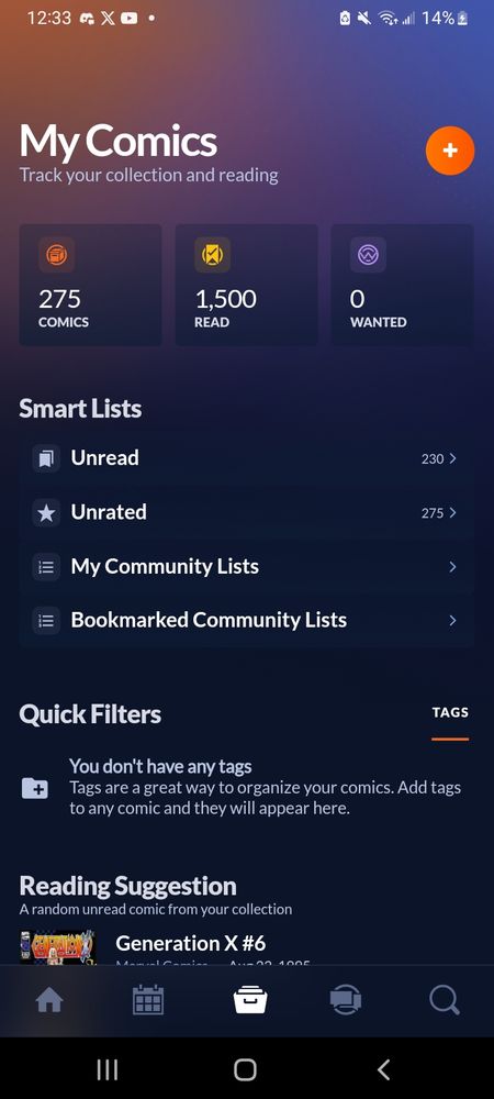 Screenshot of League of Comic Geek's mobile app. 275 comics are marked as owned and 1500 comics are marked as read.