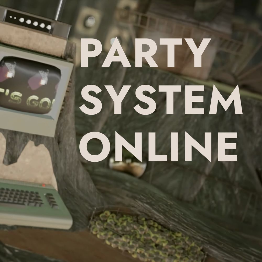 "Party System Online," text overlayed next to a computer built into a tree stump.