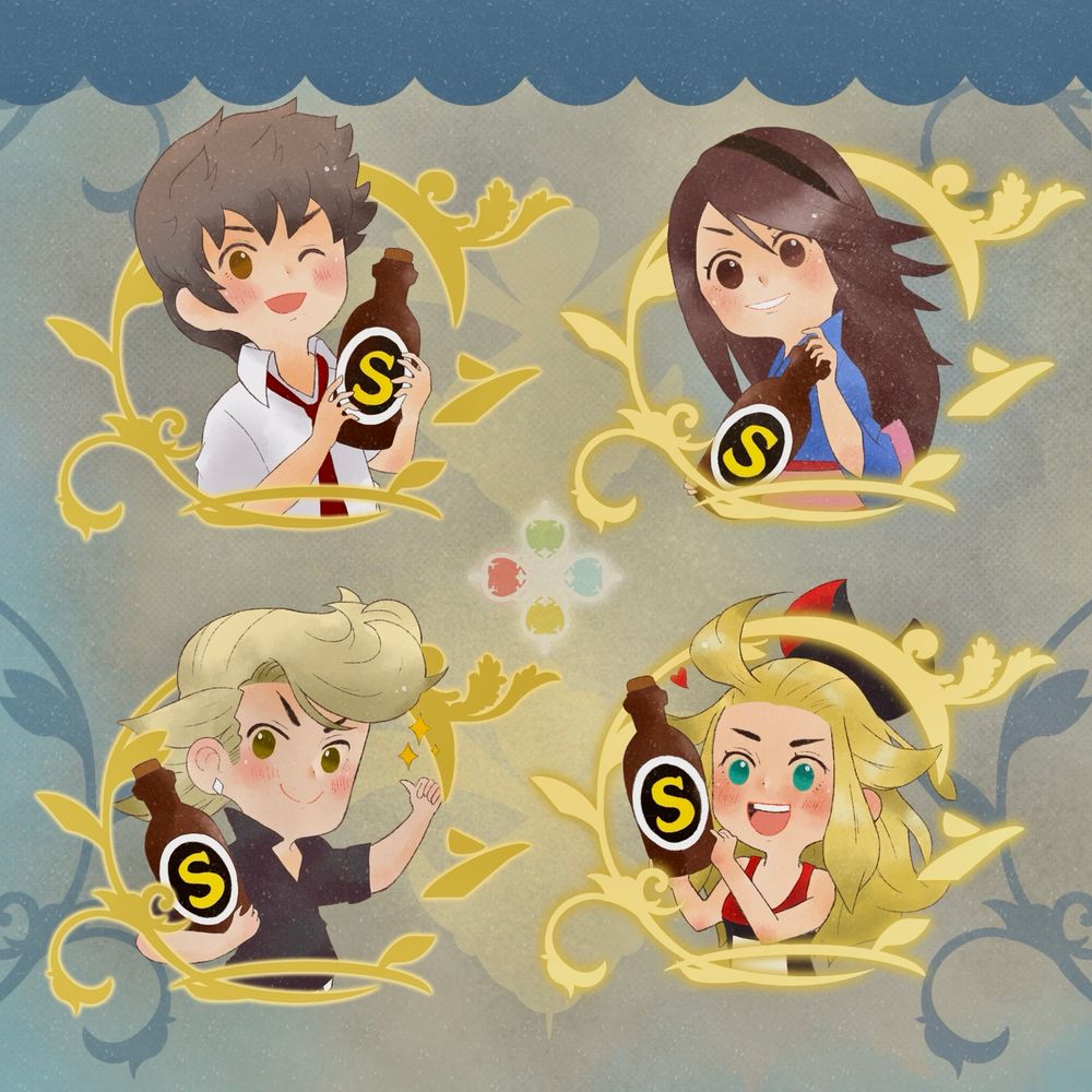 Drawing of Tiz, Agnès, Ringabel and Edea in their SP outfits, holding SP bottles.