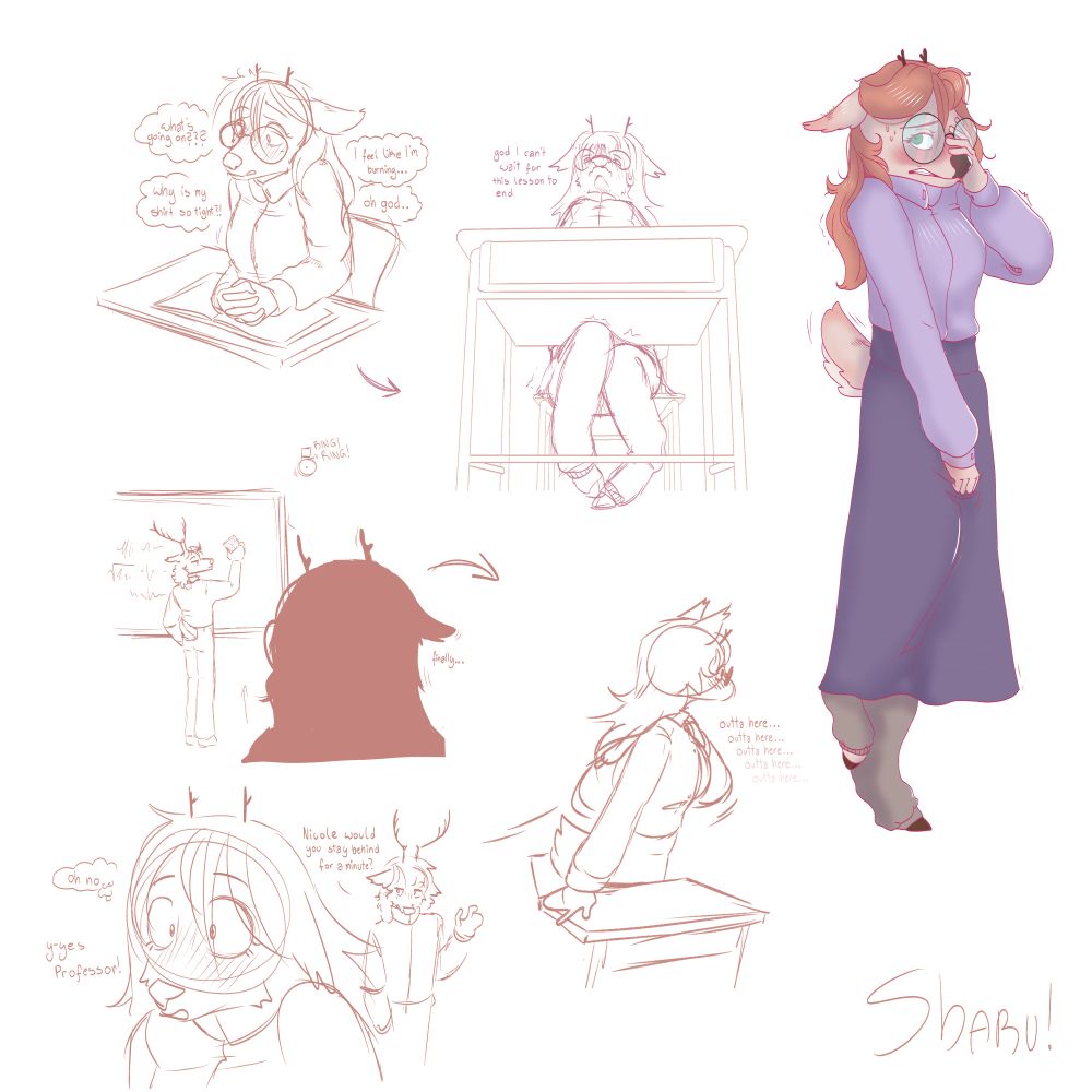 A comic sketchpage of my new character "Nicole", a young deer student. It shows Nicole coming onto heat in the middle of class, impatiently waiting to be able to leave while shifting in her seat. In the end, her professor asks her to stay behind for a few minutes, as has to ask her something.