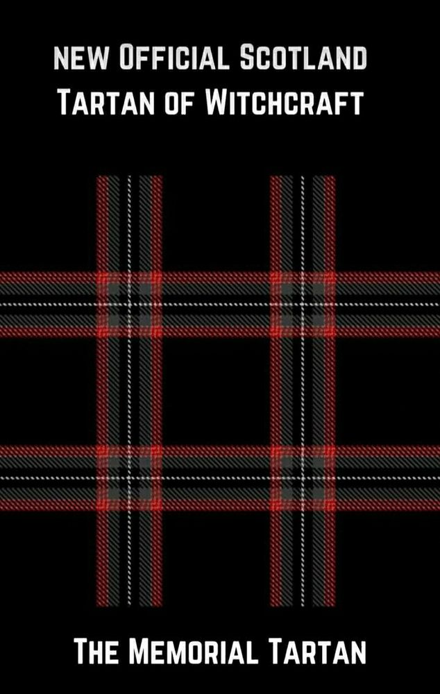 Text above:
New Official Scotland Tartan of Scotland
Black background with red white lines making a plaid pattern. 
Text below:
The Memorial Tartan