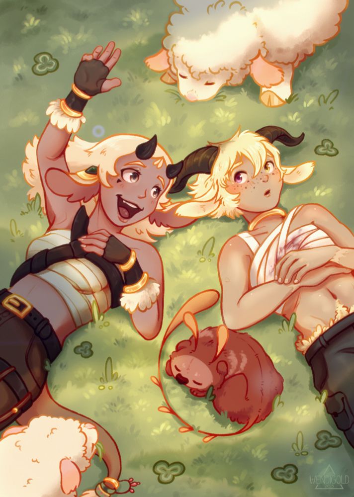Delna and her pet belongs to Meyuu, Tobi belongs to me :
The two characters are lying in the grass of a meadow surrounded by sheep. Delna tells Tobi about her travels. Tobi looks fascinated.
