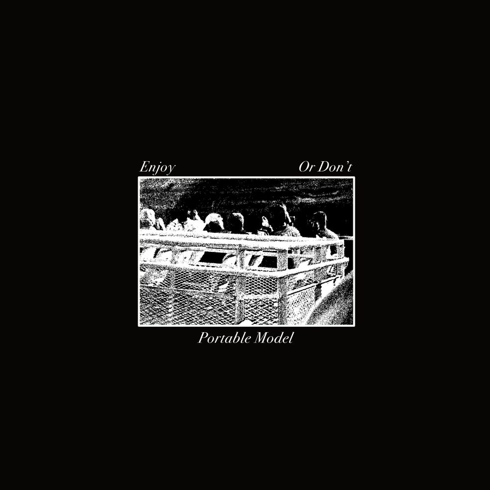 image clipped from from the back cover of the music zine i make, portable model. stylized black and white image of people from behind sitting on the top of a boat behind a metal barrier. 