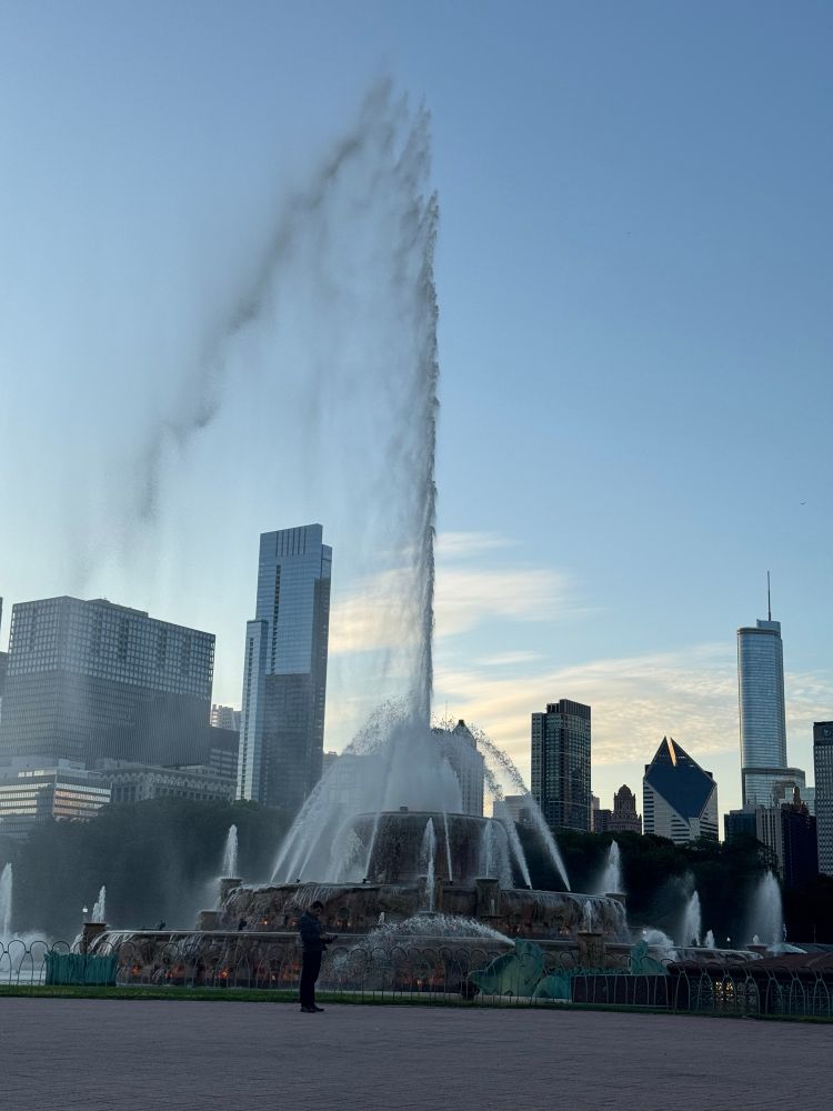 The Buckingham Memorial Fountain during its 20 minute show with lights and music. 