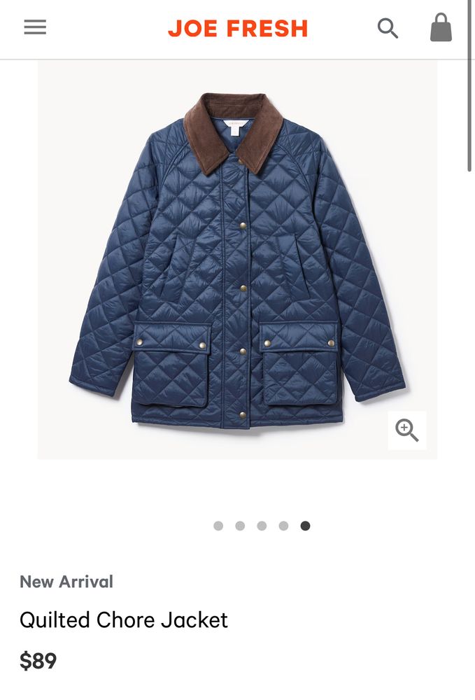 A screenshot of a navy quilted chore jacket for sale, from the Joe Fresh brand, for $89 (CAD)