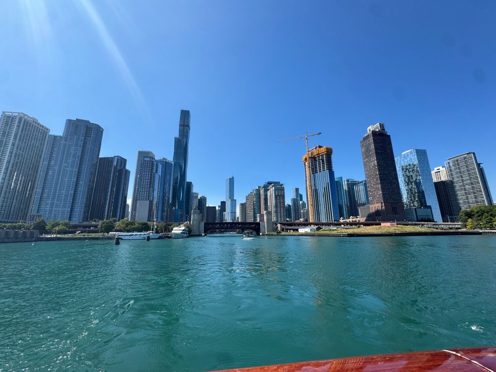 The Chicago skyline from a boat in the river 