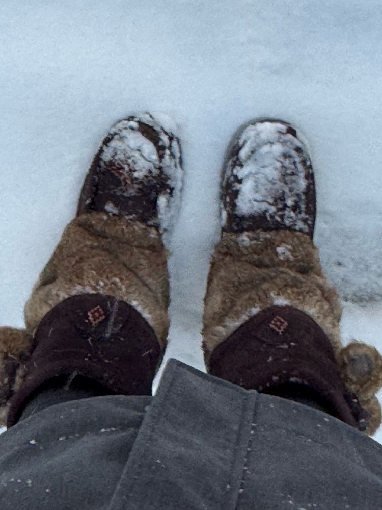 A picture of a pair of brown mukluks standing in snow, and covered in snow. You can see the trails of snowflakes in front of the camera. 