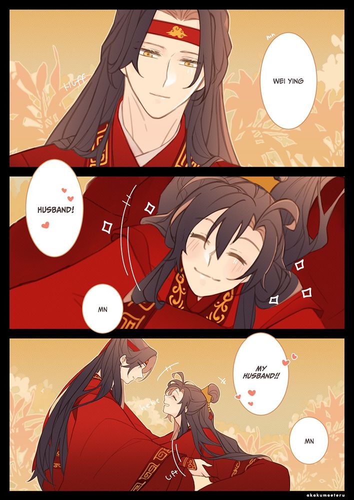 Page two of a three page comic about Wangxian's marriage bows. The text on this page reads: 

"Wei Ying." 
"Husband!" 
"Mn." 
"My husband!!" 
"Mn." 