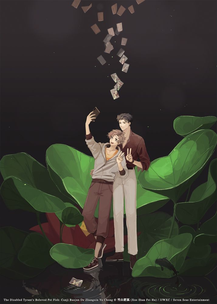 Conceptual illustration of the Li Yu and Mu Tianchi in their modern look taking a selfie together on a giant pond. Photographs of their time in the modern world fall from above. The water below their feet reflects their look in the ancient world.