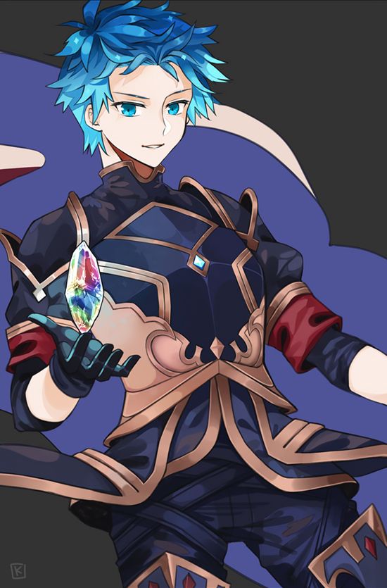 Illustration of Gran in the Bluten skin. In his hand is a rainbow colored stone. 