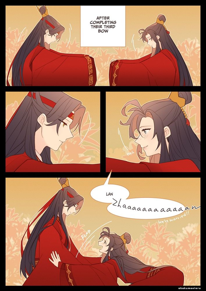 Page one of a three page comic about Wangxian's marriage bows. The text on this page reads: 

[After completing their third bow.] 
"Lan Zhaaaaaaaaaaaan~!"