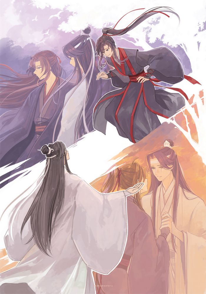 Conceptual illustration of the tree scene from volume 4. In the back are sunset and sunrise colored scenes of their past and future.