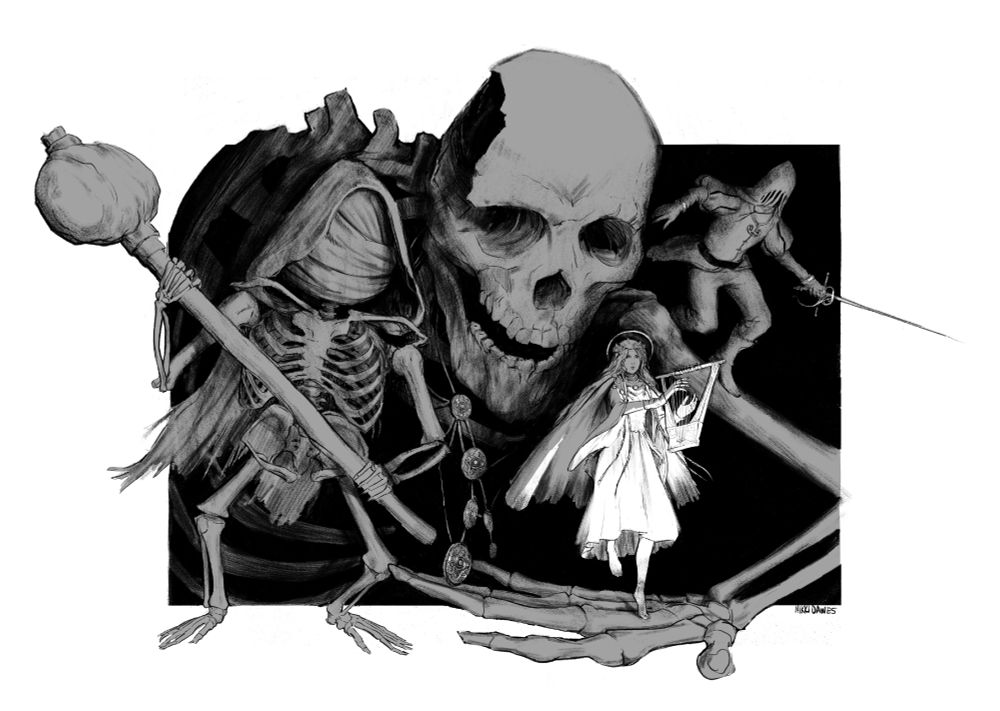 Revenant from Nightreign playing the lute while standing on the giant skeletal hand of Sebastian, whose giant skull looms behind her. She is also flanked by Frederick to the left and Helen to the right. Frederick holds his giant hammer at the ready while Helen lunges forward with their rapier while balancing on Sebastian's upper arm. 

It is a black and white drawing. Grey is used as a third tone to place Revenant's summon in the background while she glows bright white. 