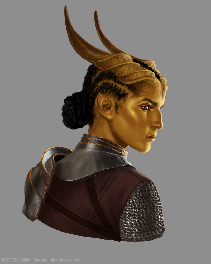 A portrait of a golden tiefling with spiraling horns looks over her shoulder with a serious expression. She wears chainmail and a metal gorget. Her hair is stitch-braided into a low bun. 